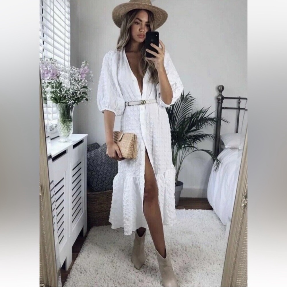 Zara White/Cream Puff Sleeves Textured Midi Dress Size S - Picture 3 of 8